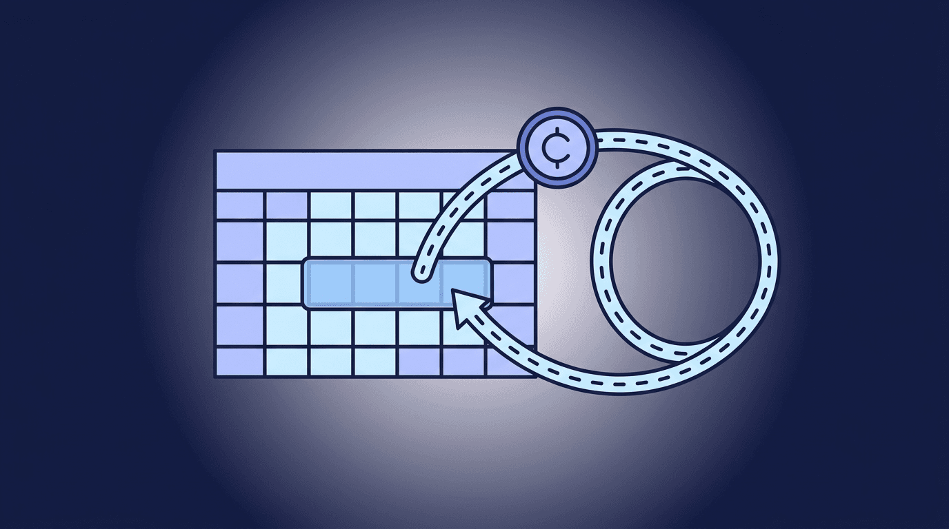 Illustration of a coin looping away from a calendar and back onto it within a highlighted window