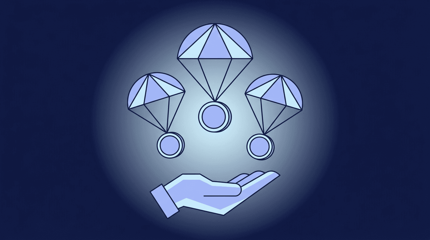 Illustration of parachutes carrying coins down towards an open hand