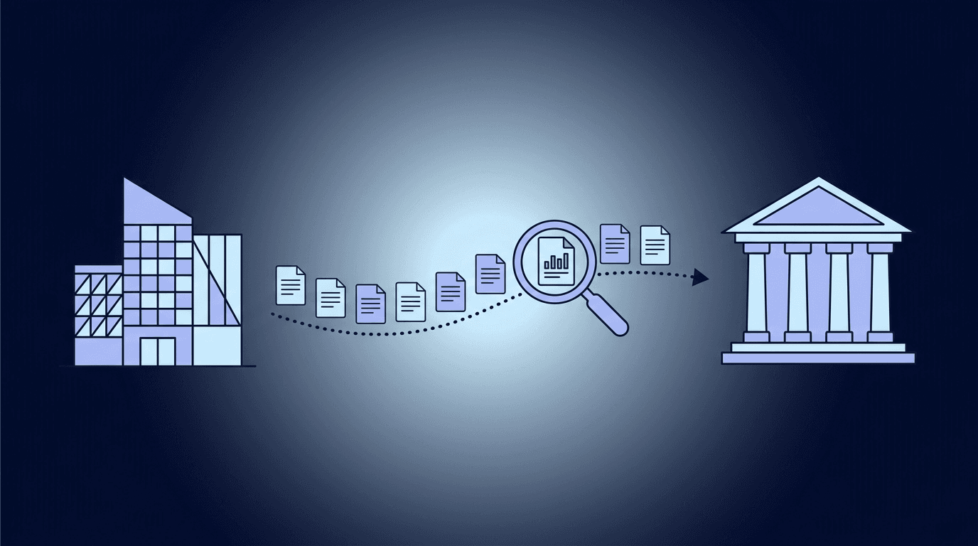 Illustration of documents flowing from an exchange building to a government building, one under a magnifying glass