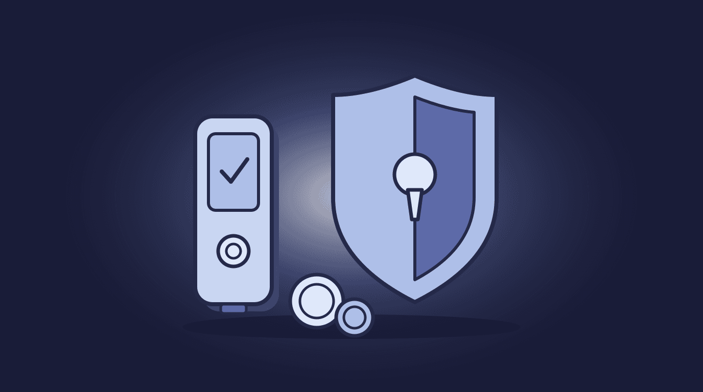 Illustration of a hardware wallet device beside a shield with a keyhole and two coins
