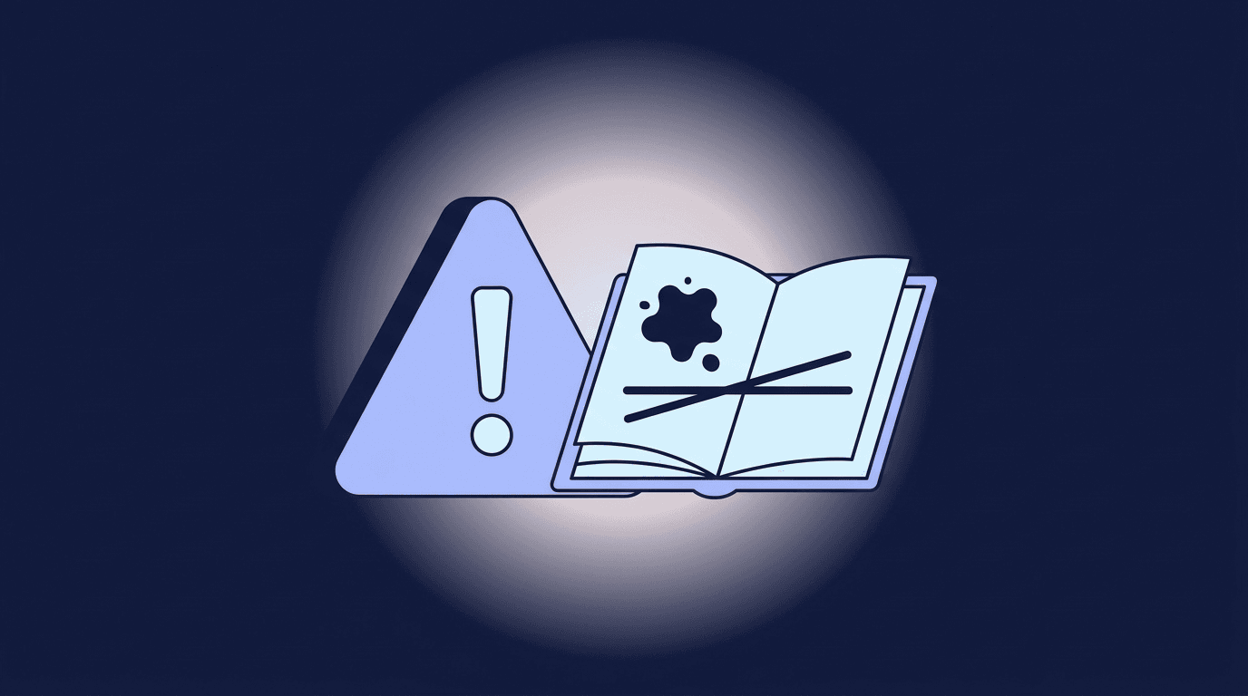 Illustration of a warning triangle beside an open ledger with a crossed-out line