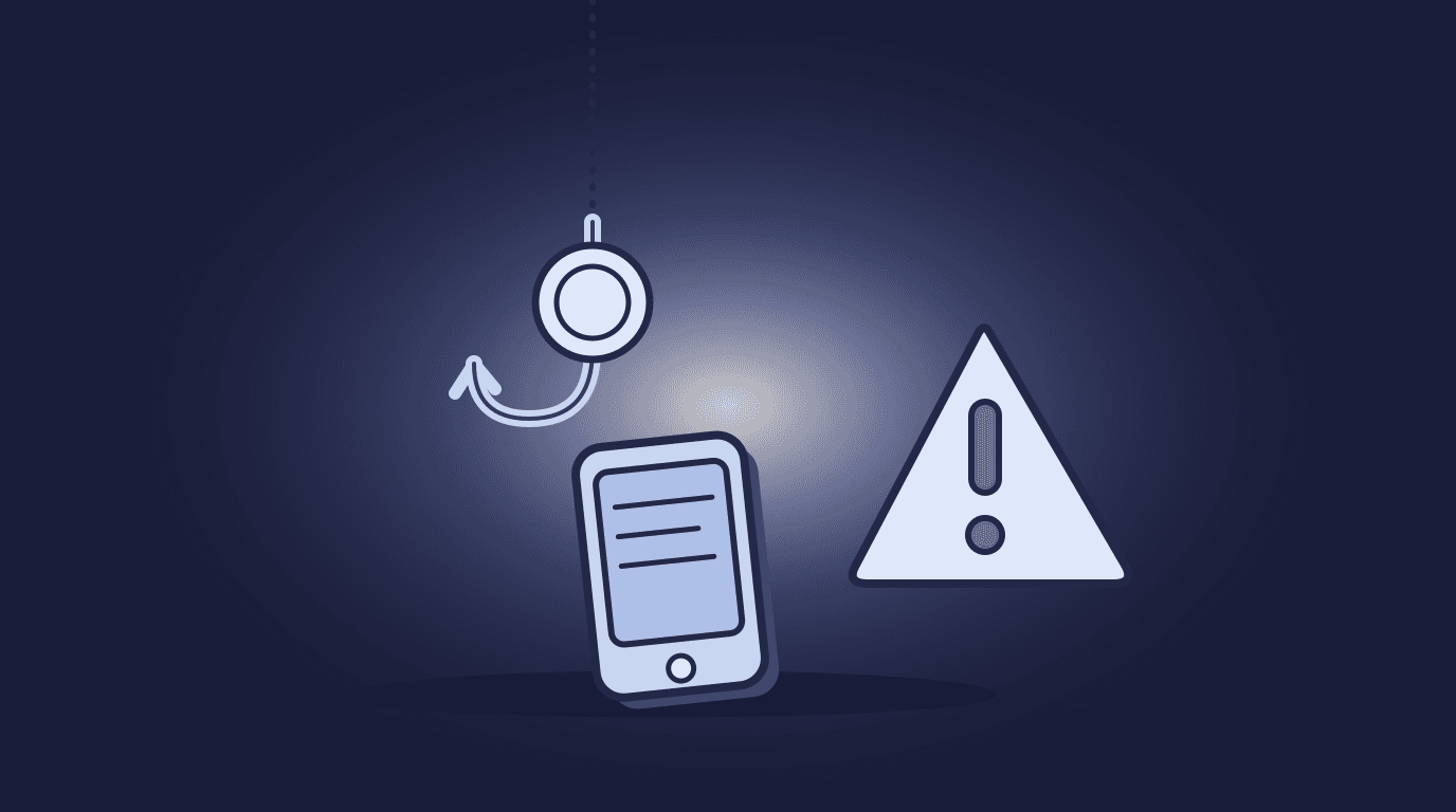 Illustration of a coin dangling from a fishing hook above a smartphone, with a warning triangle