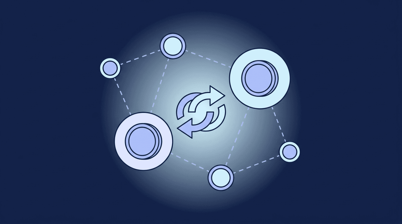 Illustration of connected network nodes holding coins with swap arrows between them