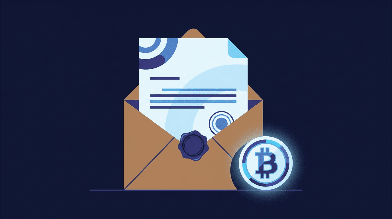 Illustration of an official letter emerging from a brown envelope beside a bitcoin token