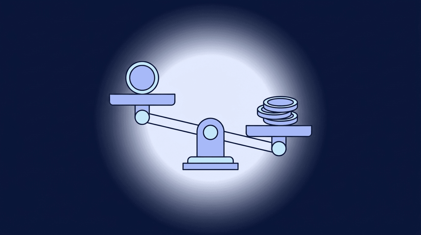 Illustration of a balance scale weighing a single coin against a stack of coins
