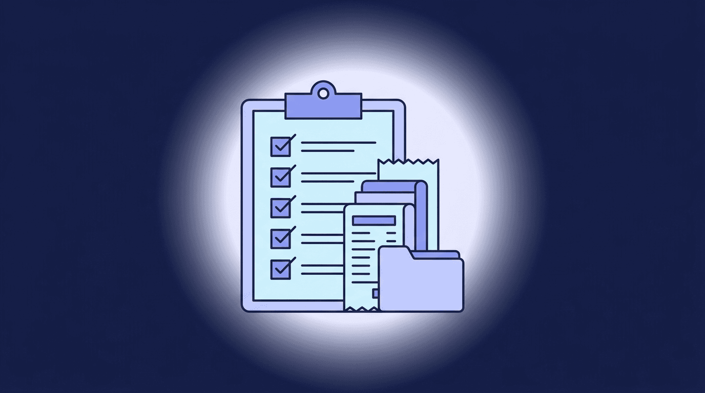 Illustration of a clipboard checklist with ticked boxes beside a stack of receipts and a folder