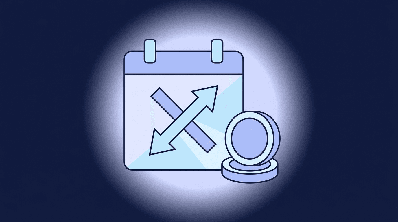 Illustration of a calendar day tile with a buy arrow and a sell arrow crossing over it