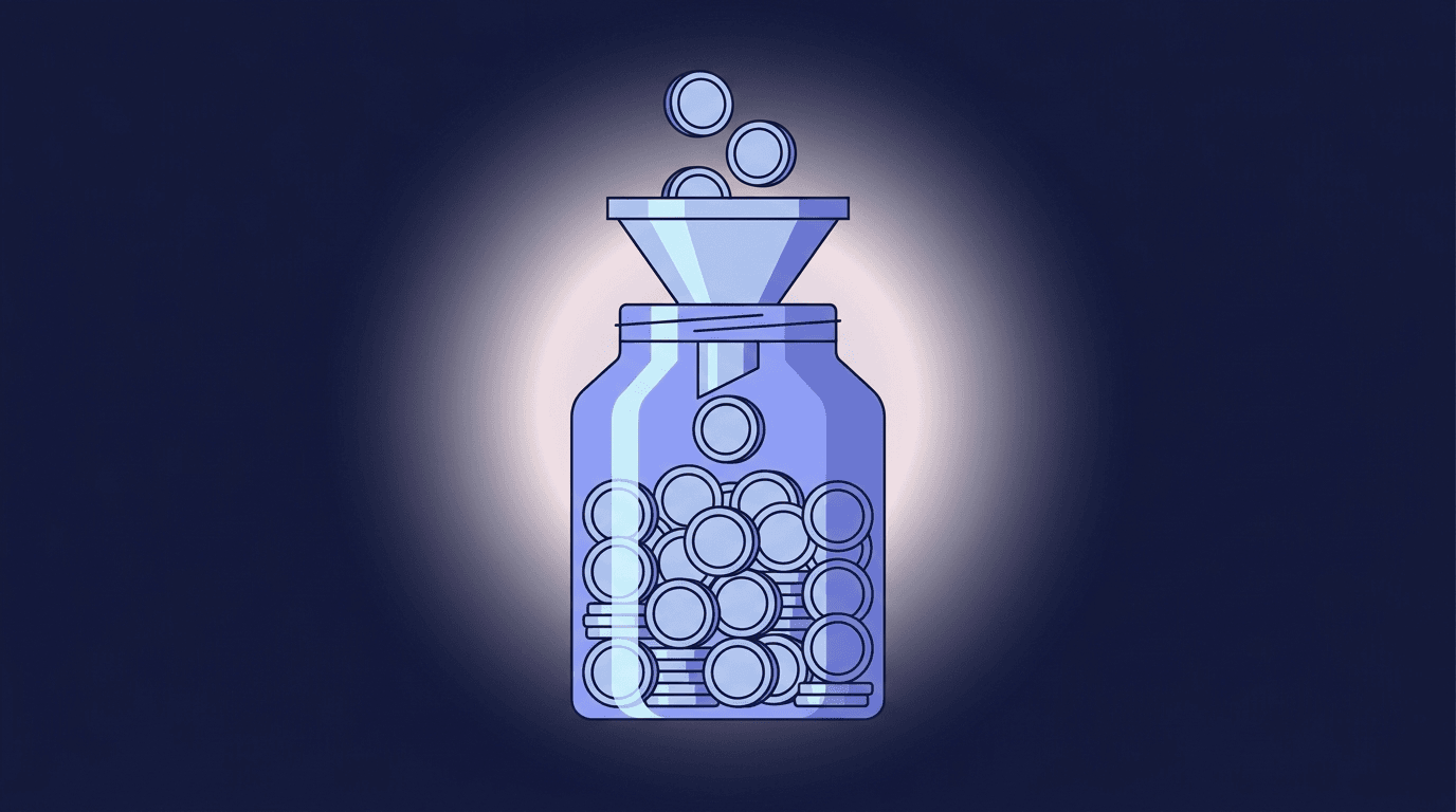 Illustration of coins funnelled into a single jar, representing pooled average cost