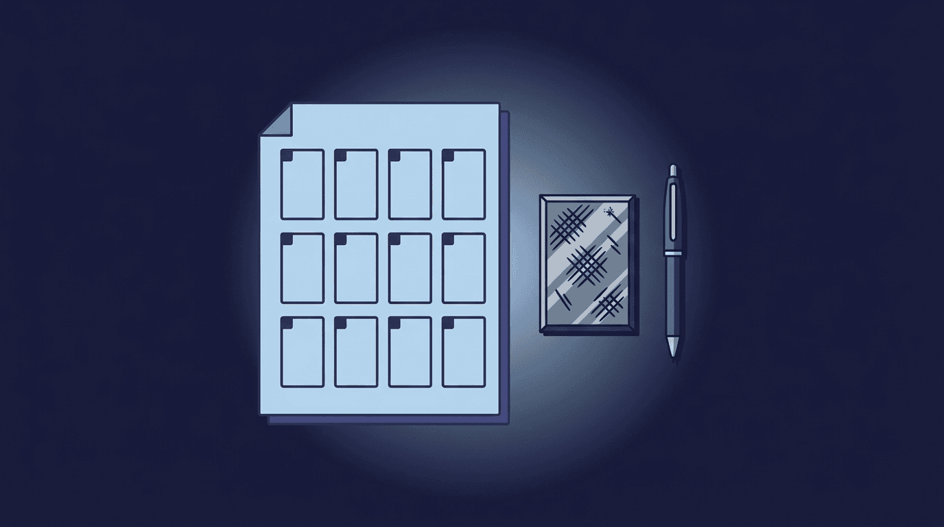 Illustration of a paper with twelve blank word slots beside a steel backup plate