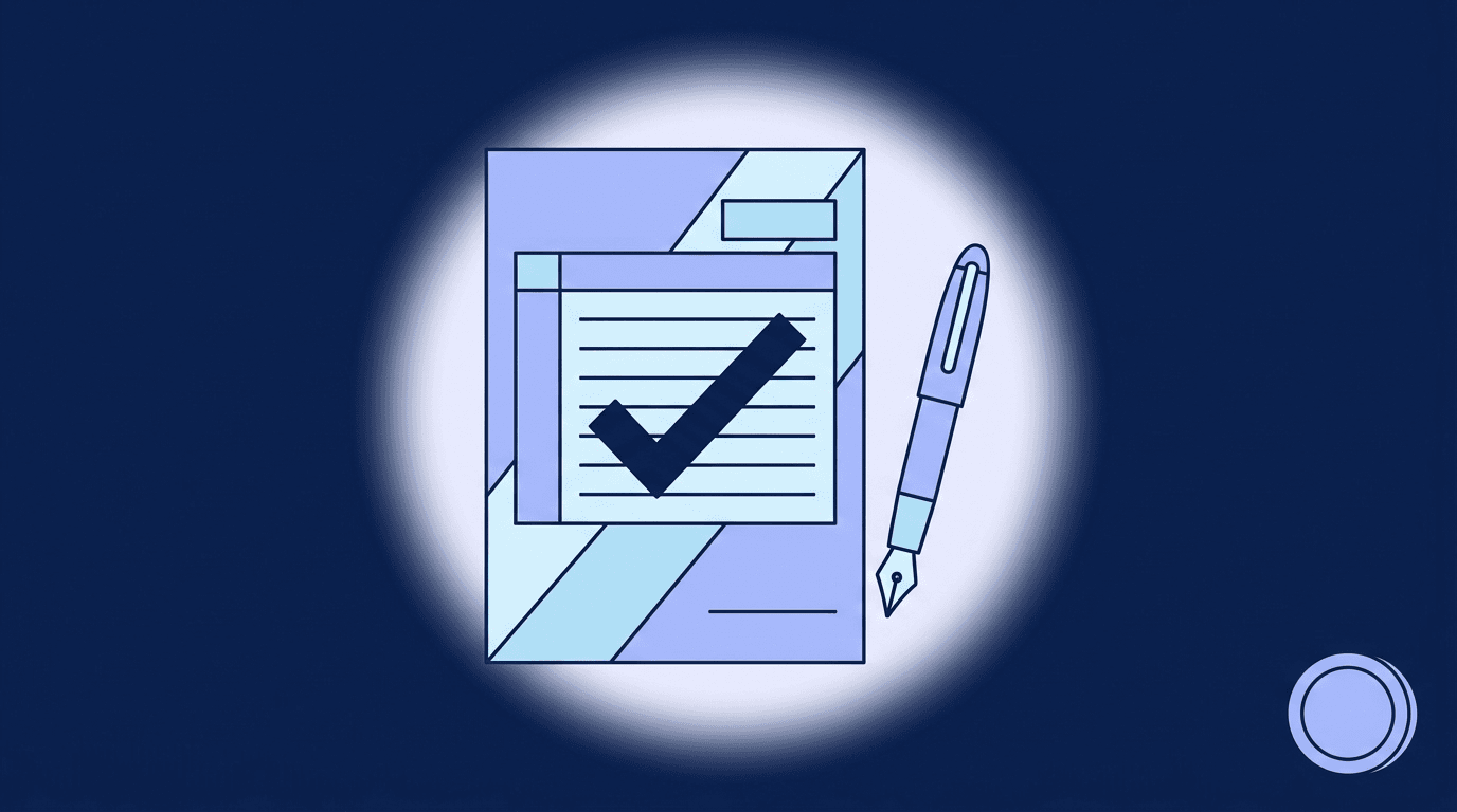 Illustration of a tax form with a tick mark, a fountain pen and a coin