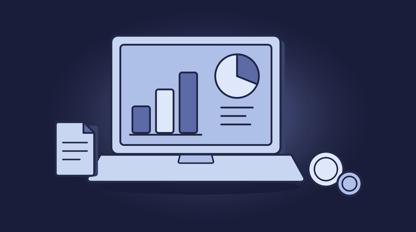 Illustration of a laptop showing charts beside coins and a document