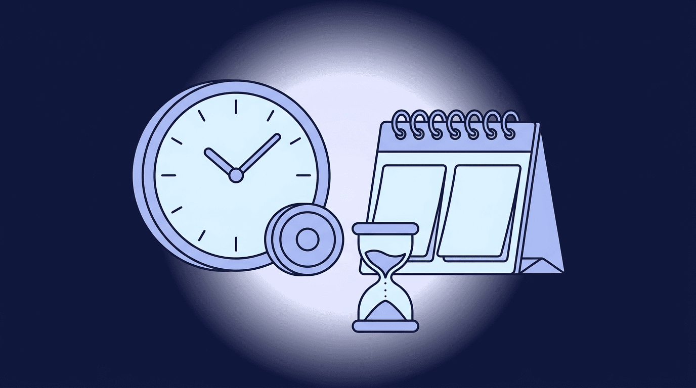 Illustration of a clock and a desk calendar with a coin and hourglass between them